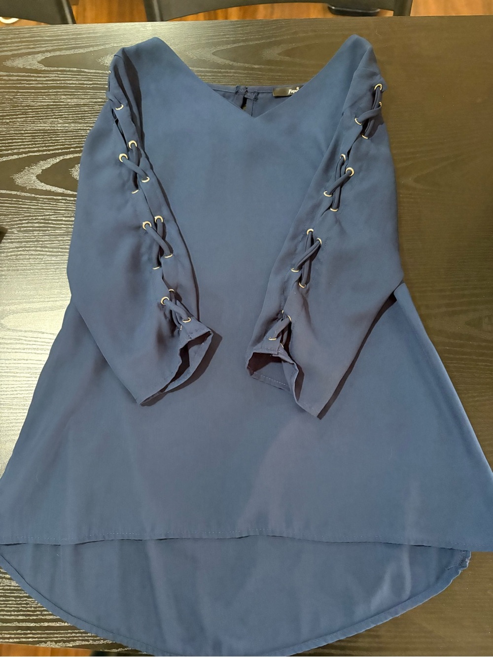 Papyrus Navy Blue Lace-Up Sleeve V-Neck Blouse